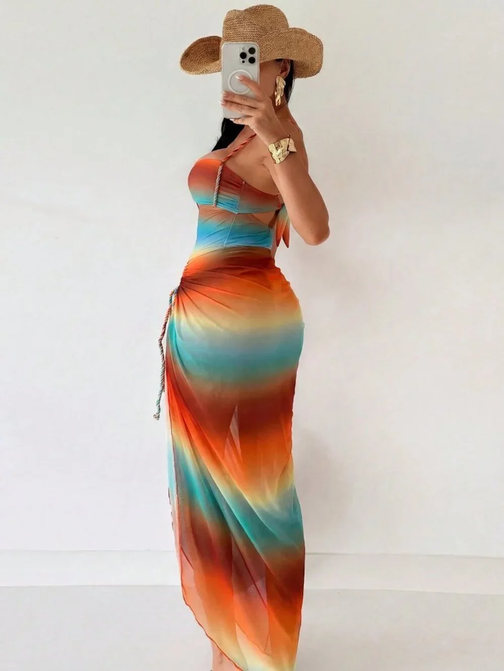 Multicolor Boho Women's Rope Strap one piece swimsuit with matching coverup